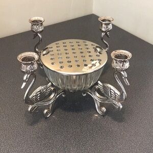 Vintage SILVER Swan Candelabra CANDLE HOLDER Glass CENTER BOWL & Flower Frog